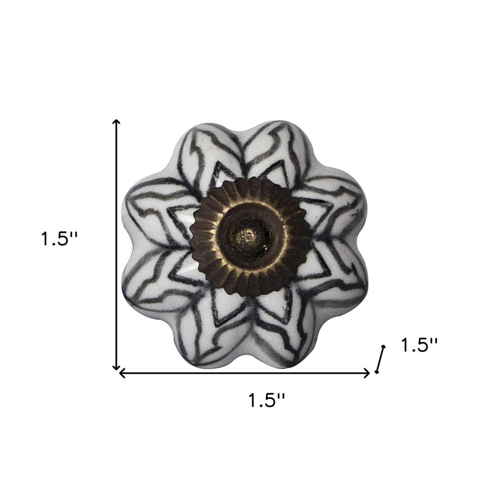 Set of Twelve Black And White Floral Ceramic Drawer Pull Knobs