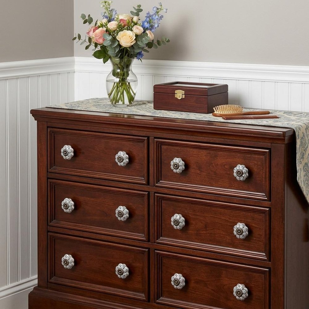 Set of Twelve Black And White Floral Ceramic Drawer Pull Knobs