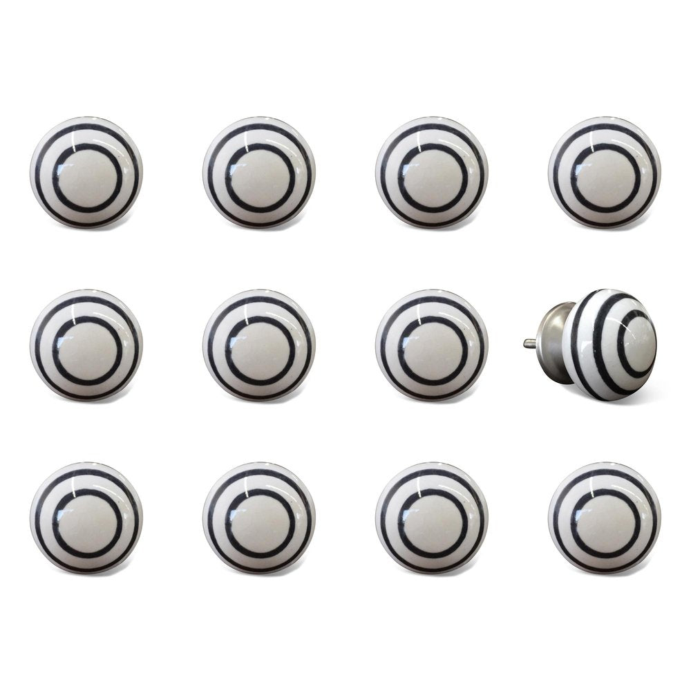 Set of Twelve Black And White Ceramic Drawer Pull Knobs