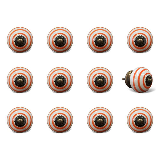 Set of Twelve Orange And White Geometric Ceramic Drawer Pull Knobs