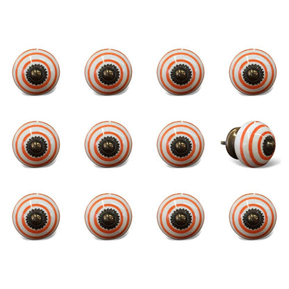 Set of Twelve Orange And White Geometric Ceramic Drawer Pull Knobs
