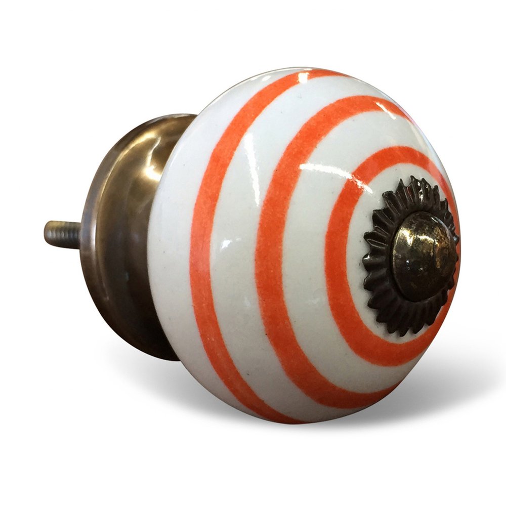 Set of Twelve Orange And White Geometric Ceramic Drawer Pull Knobs