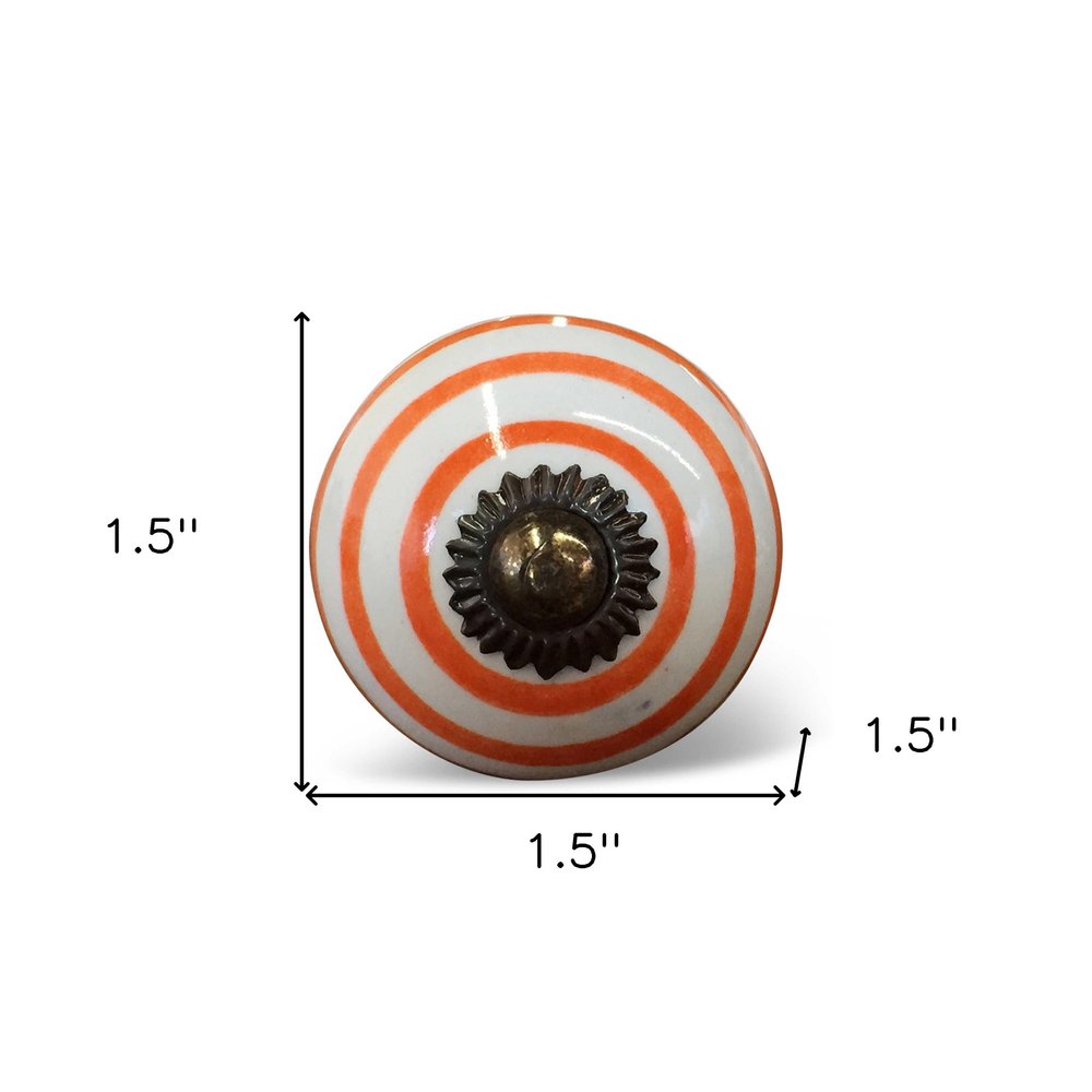 Set of Twelve Orange And White Geometric Ceramic Drawer Pull Knobs