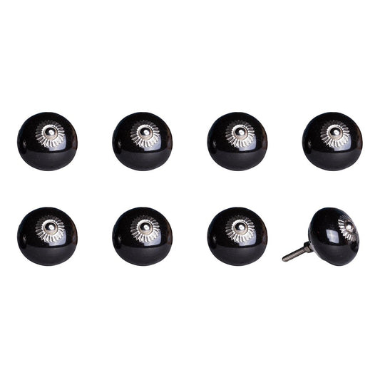 Set of Eight Black And Silver Ceramic Drawer Pull Knobs