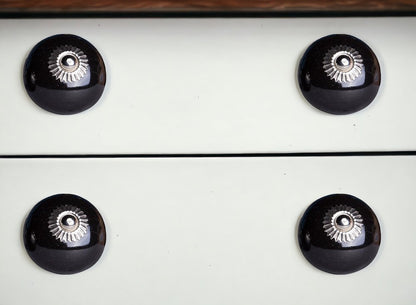 Set of Eight Black And Silver Ceramic Drawer Pull Knobs