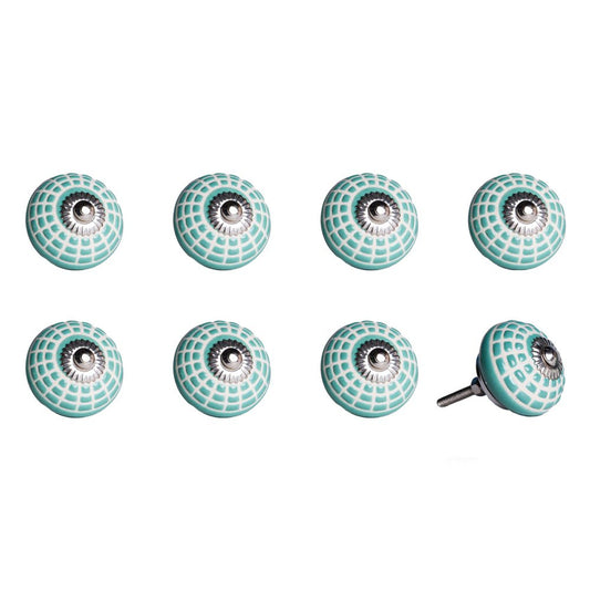 Set of Eight Turquoise And White Geometric Ceramic Drawer Pull Knobs