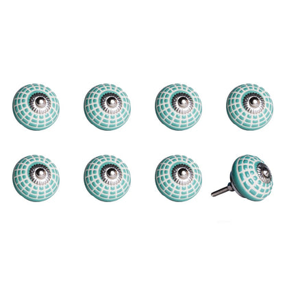 Set of Eight Turquoise And White Geometric Ceramic Drawer Pull Knobs