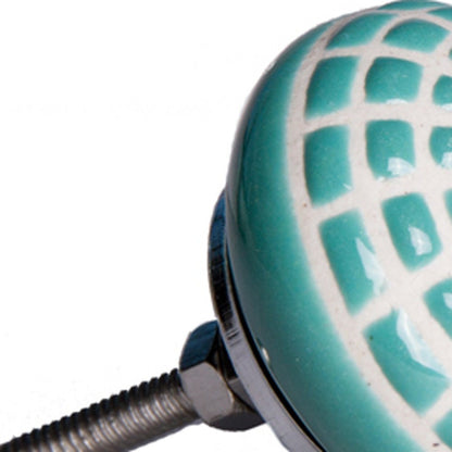 Set of Eight Turquoise And White Geometric Ceramic Drawer Pull Knobs
