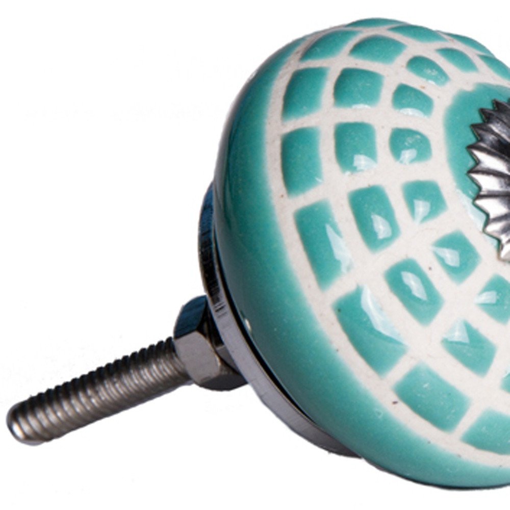 Set of Eight Turquoise And White Geometric Ceramic Drawer Pull Knobs