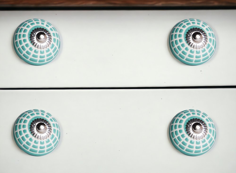 Set of Eight Turquoise And White Geometric Ceramic Drawer Pull Knobs