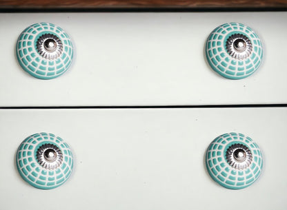 Set of Eight Turquoise And White Geometric Ceramic Drawer Pull Knobs