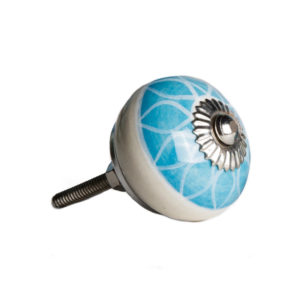 Set of Eight Aqua And White Floral Ceramic Drawer Pull Knobs