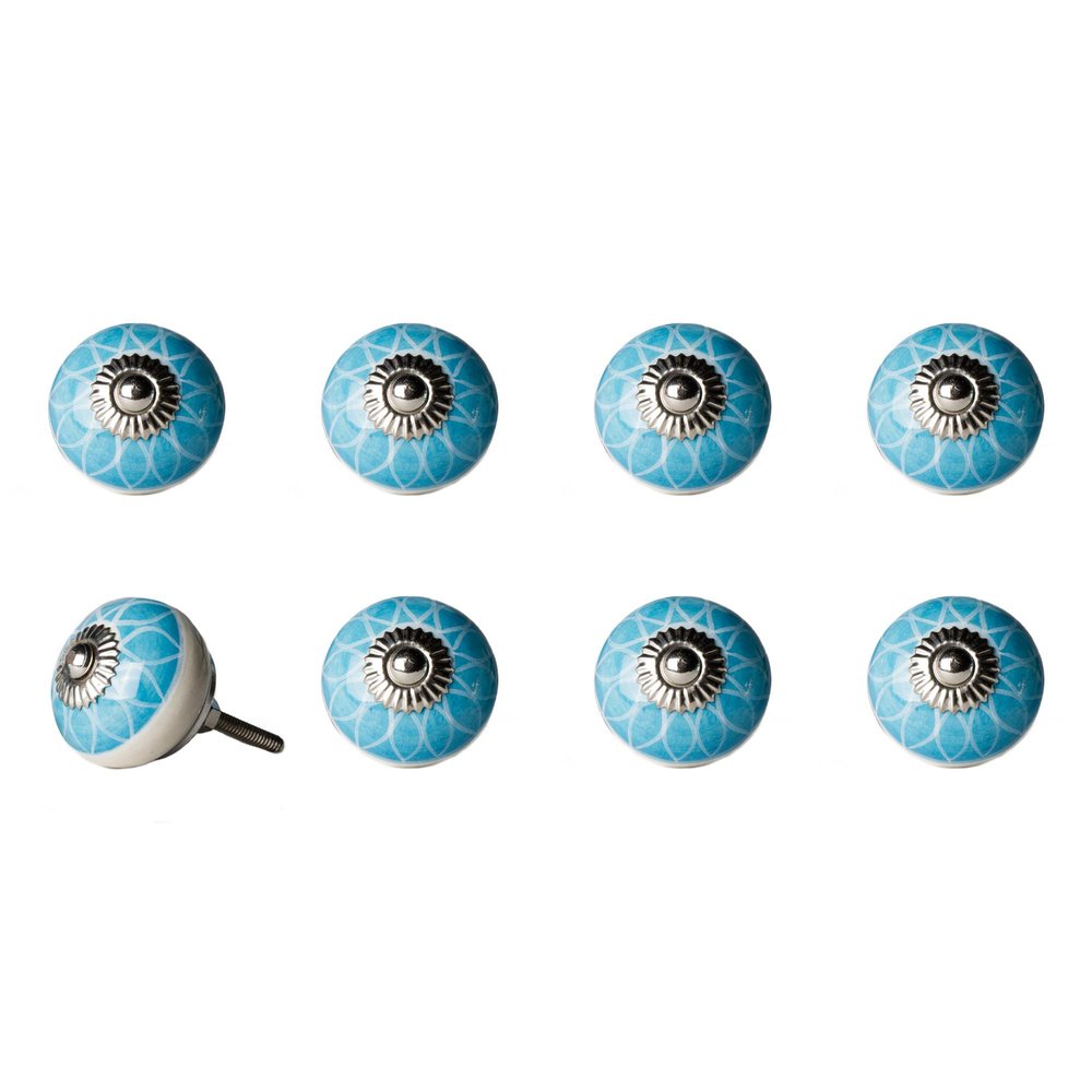 Set of Eight Aqua And White Floral Ceramic Drawer Pull Knobs