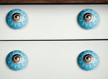 Set of Eight Aqua And White Floral Ceramic Drawer Pull Knobs