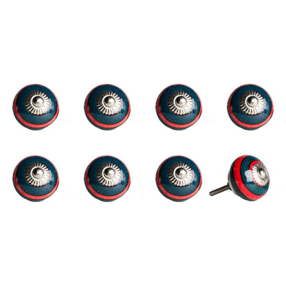 Set of Eight Navy Blue And Red Geometric Ceramic Drawer Pull Knobs
