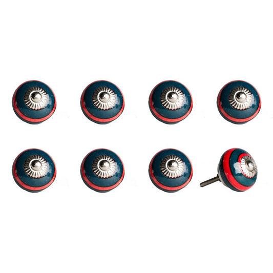 Set of Eight Navy Blue And Red Geometric Ceramic Drawer Pull Knobs