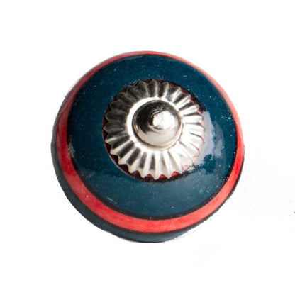 Set of Eight Navy Blue And Red Geometric Ceramic Drawer Pull Knobs