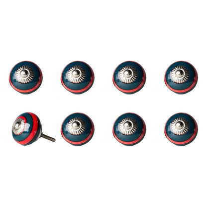 Set of Eight Navy Blue And Red Geometric Ceramic Drawer Pull Knobs