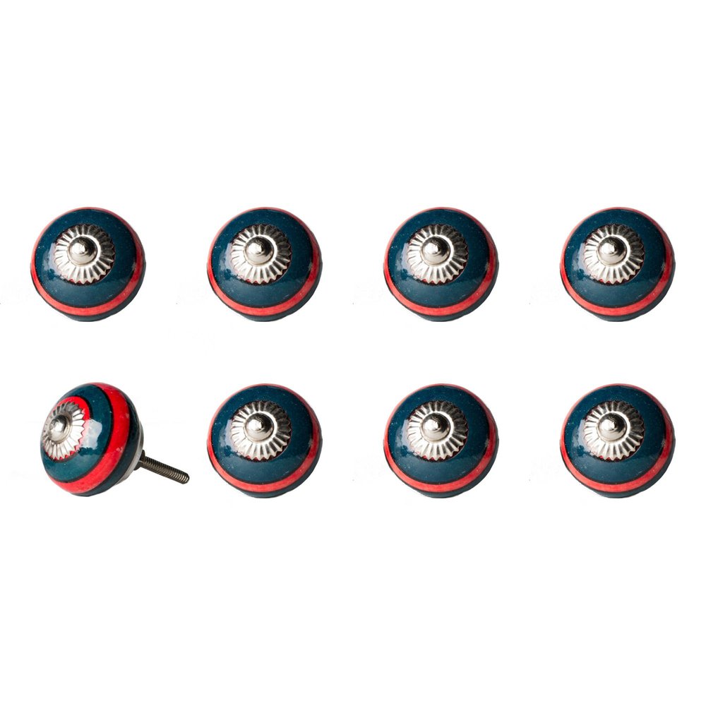 Set of Eight Navy Blue And Red Geometric Ceramic Drawer Pull Knobs