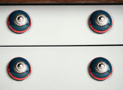 Set of Eight Navy Blue And Red Geometric Ceramic Drawer Pull Knobs