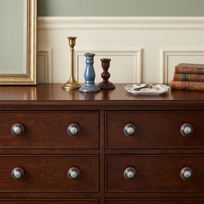 Set of Eight Navy Blue And Red Geometric Ceramic Drawer Pull Knobs