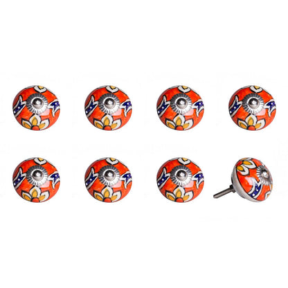 Set of Eight Orange And White Floral Ceramic Drawer Pull Knobs
