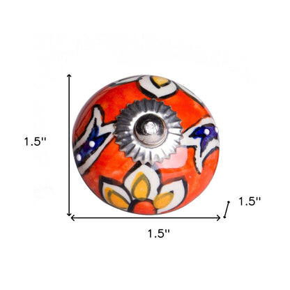Set of Eight Orange And White Floral Ceramic Drawer Pull Knobs