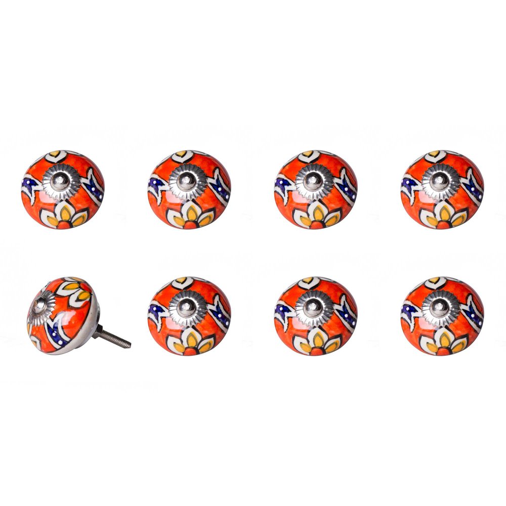 Set of Eight Orange And White Floral Ceramic Drawer Pull Knobs