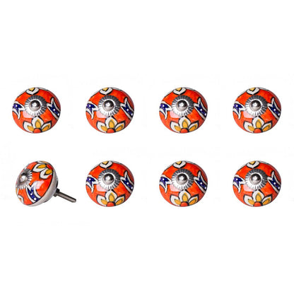 Set of Eight Orange And White Floral Ceramic Drawer Pull Knobs