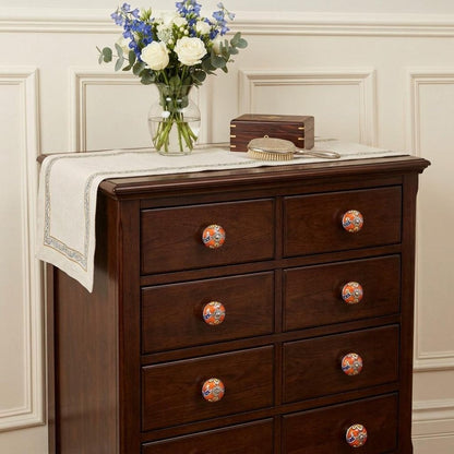 Set of Eight Orange And White Floral Ceramic Drawer Pull Knobs