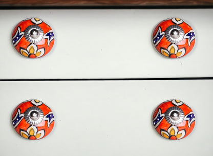 Set of Eight Orange And White Floral Ceramic Drawer Pull Knobs