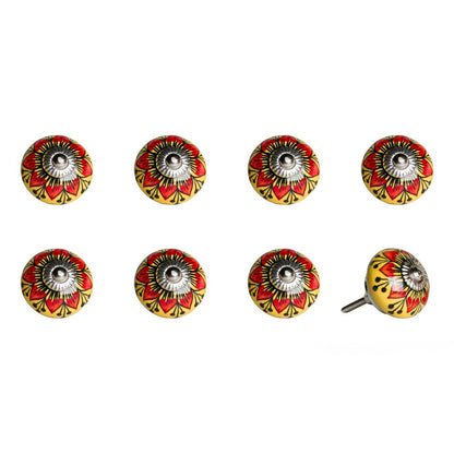 Set of Eight Yellow And Black Floral Ceramic Drawer Pull Knobs