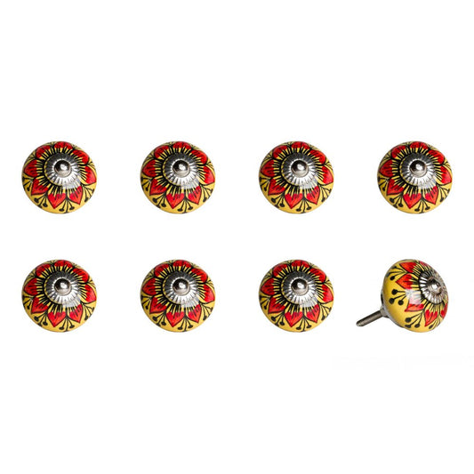 Set of Eight Yellow And Black Floral Ceramic Drawer Pull Knobs