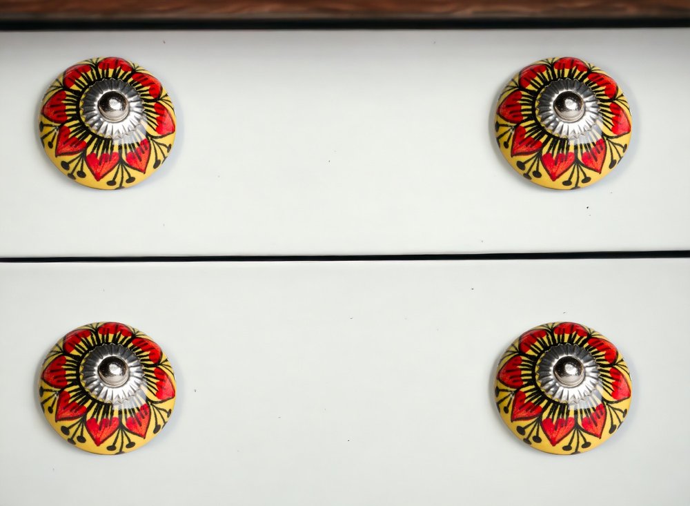 Set of Eight Yellow And Black Floral Ceramic Drawer Pull Knobs