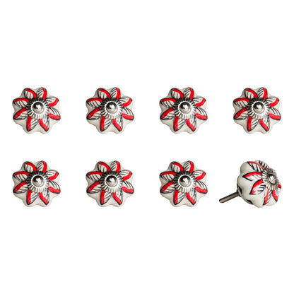 Set of Eight Red And White Floral Ceramic Drawer Pull Knobs