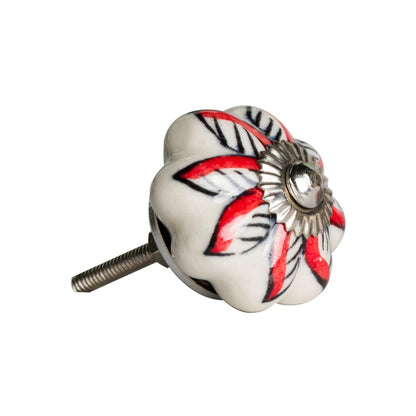 Set of Eight Red And White Floral Ceramic Drawer Pull Knobs