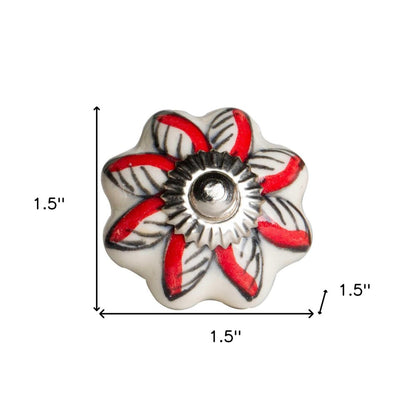 Set of Eight Red And White Floral Ceramic Drawer Pull Knobs