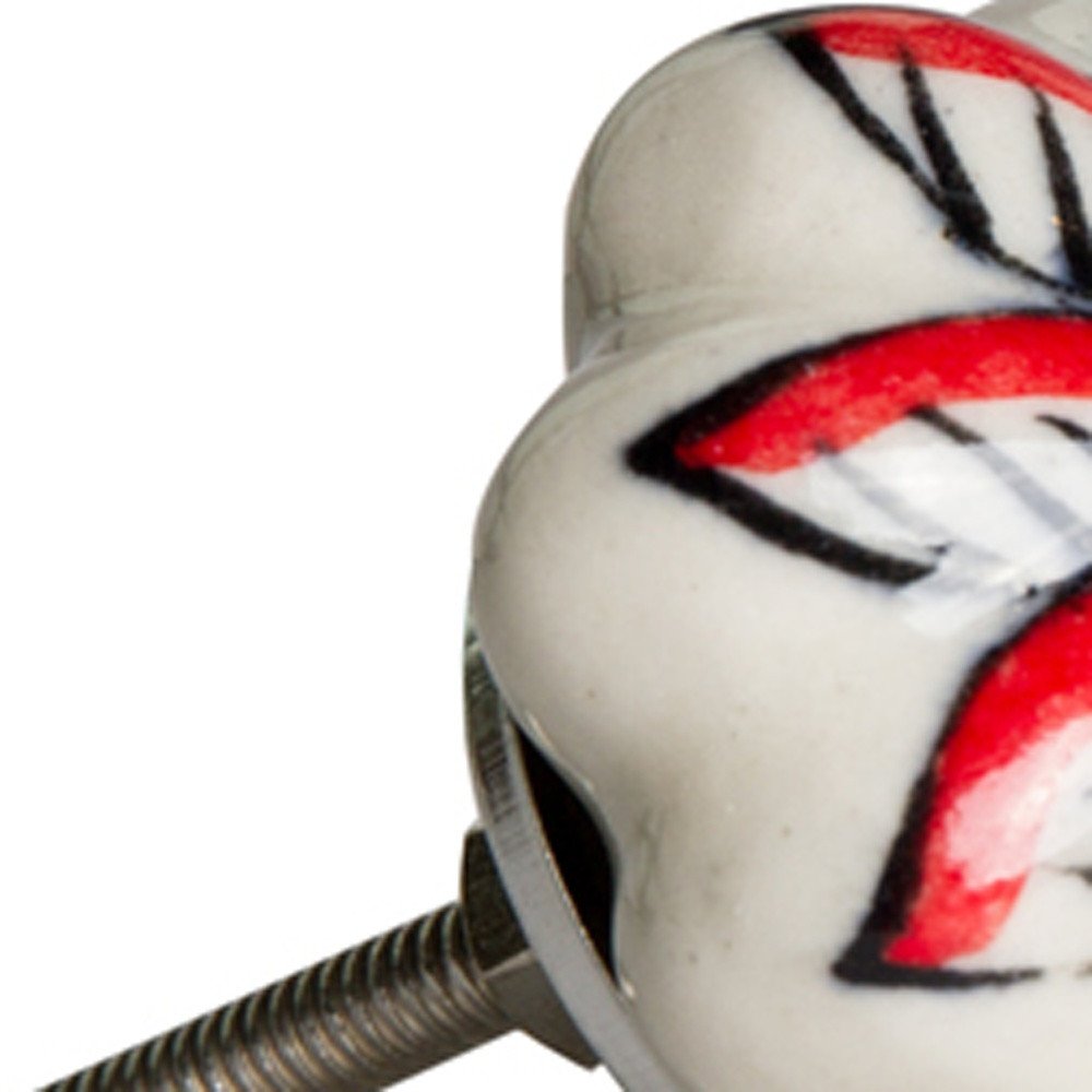 Set of Eight Red And White Floral Ceramic Drawer Pull Knobs