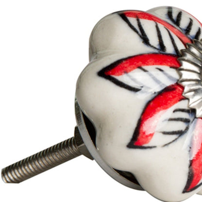 Set of Eight Red And White Floral Ceramic Drawer Pull Knobs