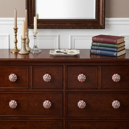 Set of Eight Red And White Floral Ceramic Drawer Pull Knobs