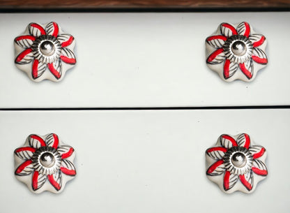 Set of Eight Red And White Floral Ceramic Drawer Pull Knobs