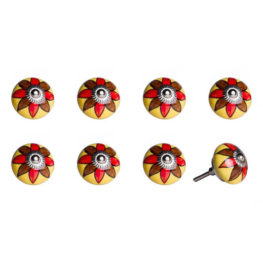 Set of Eight Red And Yellow Floral Ceramic Drawer Pull Knobs