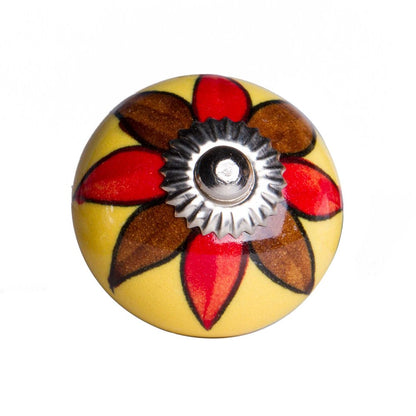 Set of Eight Red And Yellow Floral Ceramic Drawer Pull Knobs