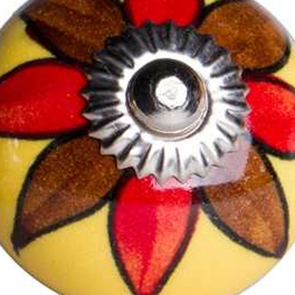 Set of Eight Red And Yellow Floral Ceramic Drawer Pull Knobs