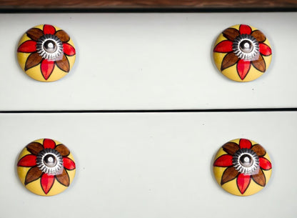 Set of Eight Red And Yellow Floral Ceramic Drawer Pull Knobs