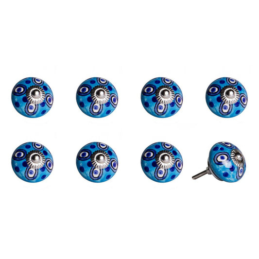 Set of Eight Blue And White Botanical Ceramic Drawer Pull Knobs