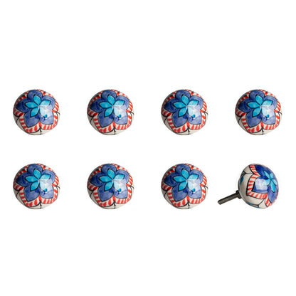 Set of Eight Blue And White Floral Ceramic Drawer Pull Knobs