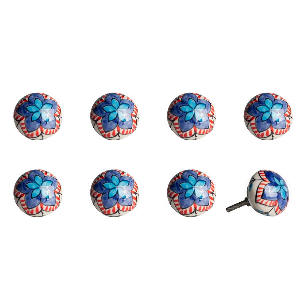 Set of Eight Blue And White Floral Ceramic Drawer Pull Knobs