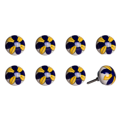 Set of Eight Blue And Yellow Floral Ceramic Drawer Pull Knobs