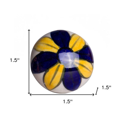 Set of Eight Blue And Yellow Floral Ceramic Drawer Pull Knobs